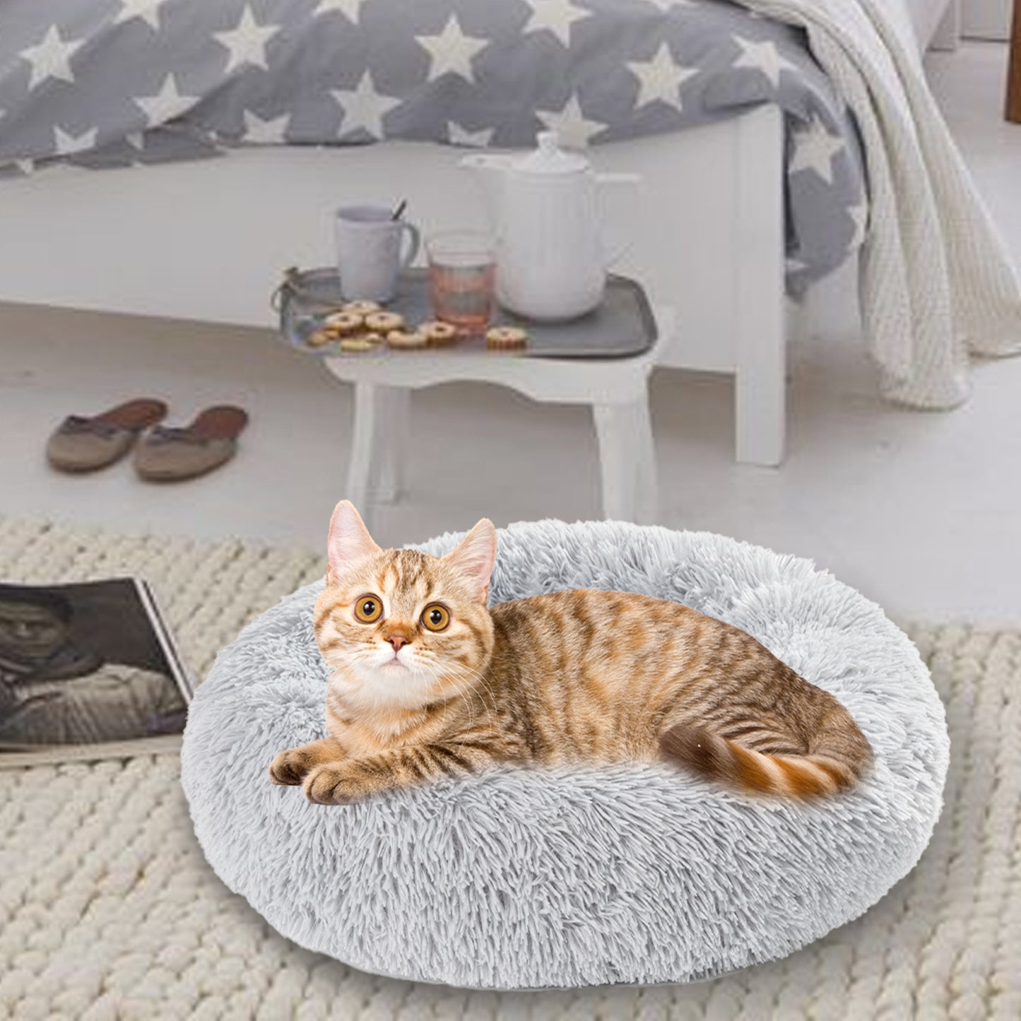 Fluffy Donut Dog Bed Warm Soft Long Plush Pet Cushion